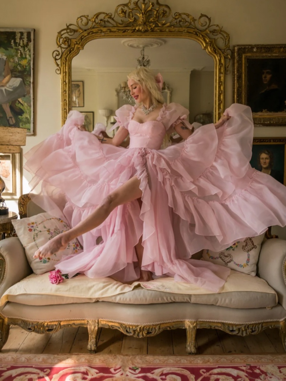 Blush Pink Ruffled Maxi Tulle Gown